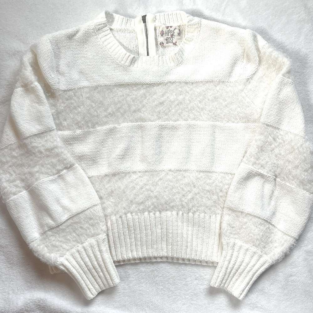 Hippie Rose Women's Fuzzy Striped Back Zip Sweater Size XS cropped